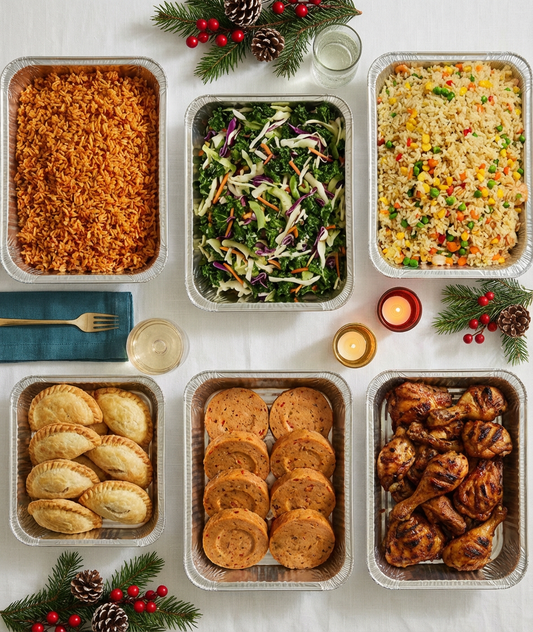 Assorted food items including rice, salad, vegetables, pastries, and chicken on a table with festive decorations.