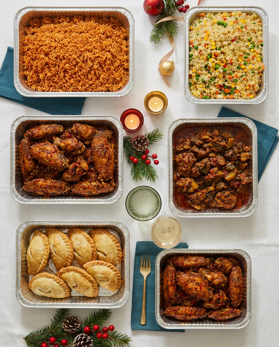 Assorted prepared meals in tinfoil containers on a white tablecloth with Christmas decorations.