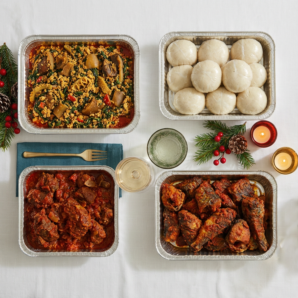 Four containers of food on a white tablecloth with decorative elements.