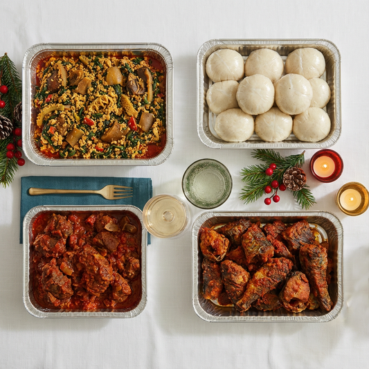 Four containers of food on a white tablecloth with decorative elements.