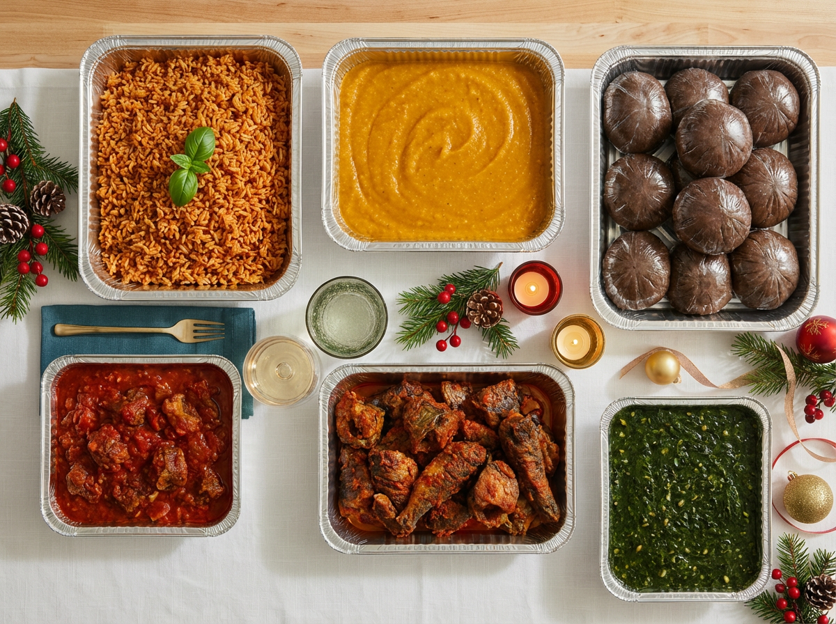 Assorted food items in containers on a table with festive decorations